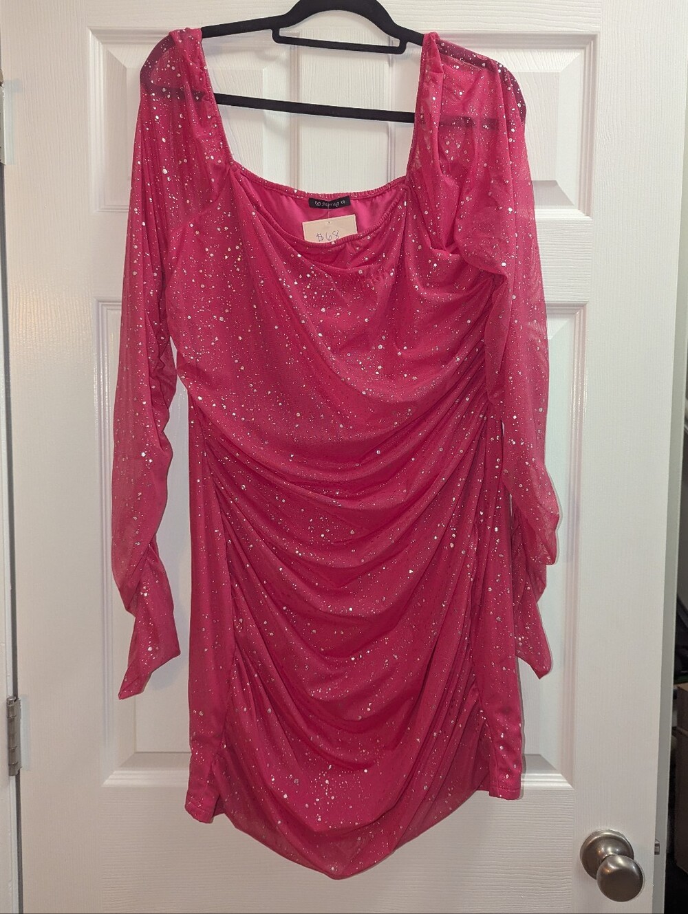 Myrag Pink Glitter Ruched Bodycon Dress Size XXL Long Sleeve Party Mini Dress - Picture 2 of 3